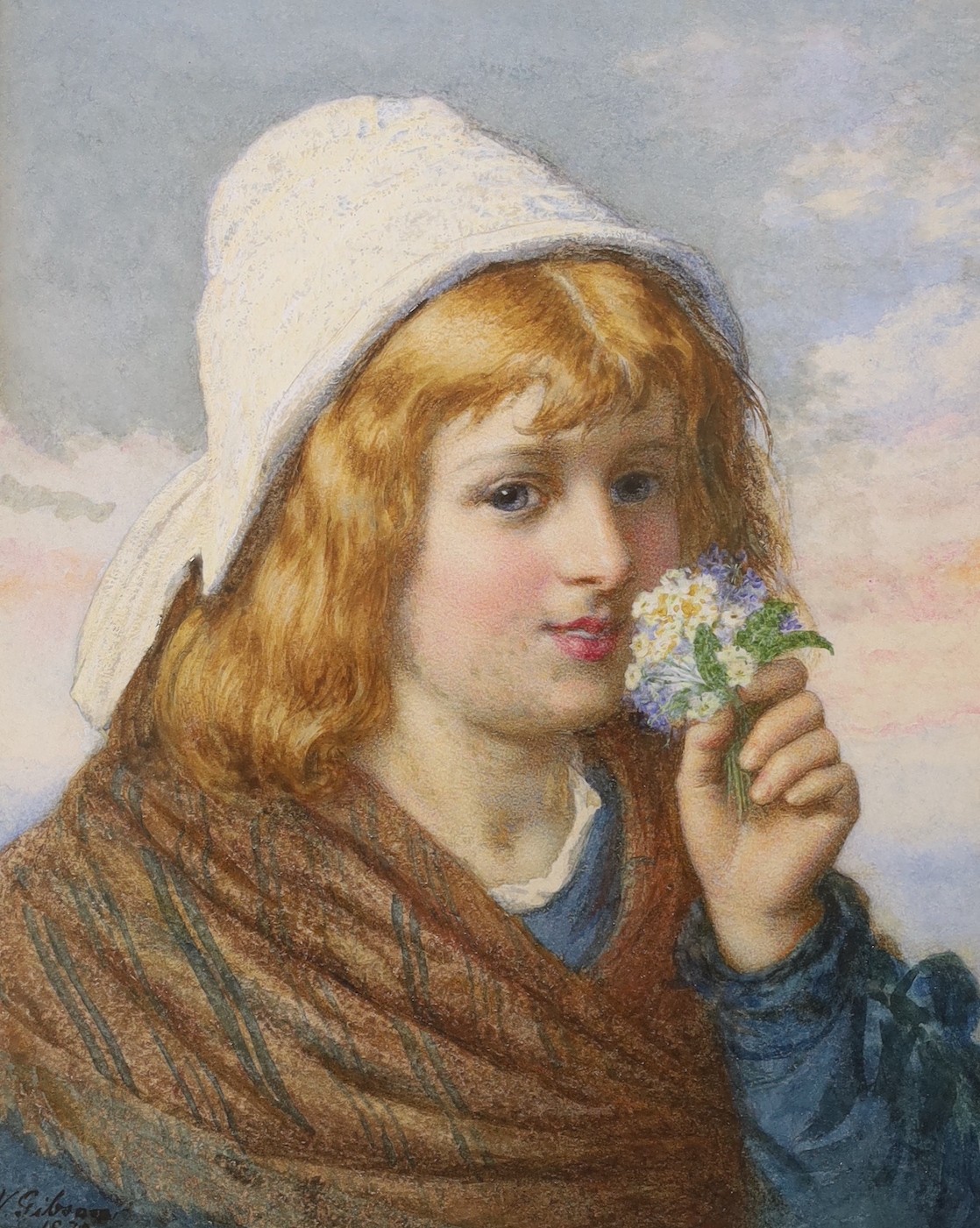 Joseph Vincent Gibson (fl.1861-1888), watercolour, Young woman with a bouquet, signed and dated 1878, 28 x 22cm